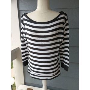 Jones New York Cotton Knit Black and White Boatneck Striped Shirt